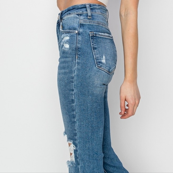 RISEN High-Rise Straight Leg Distressed Ankle Frayed Raw Hem Jeans Denim Pants - Picture 5 of 16